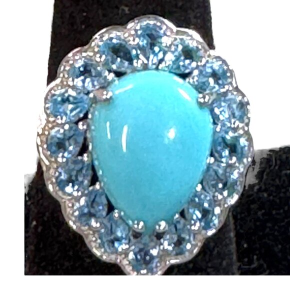 Sterling Silver Turquoise & Swiss Blue Topaz Ring Size 9 New In Box Pear Shape - Picture 2 of 13
